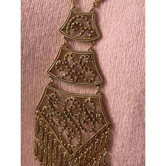 Vintage Monet Gold Filigree Paisley Tassel Statement Necklace 1970S Designer Art - Picture 8 of 16